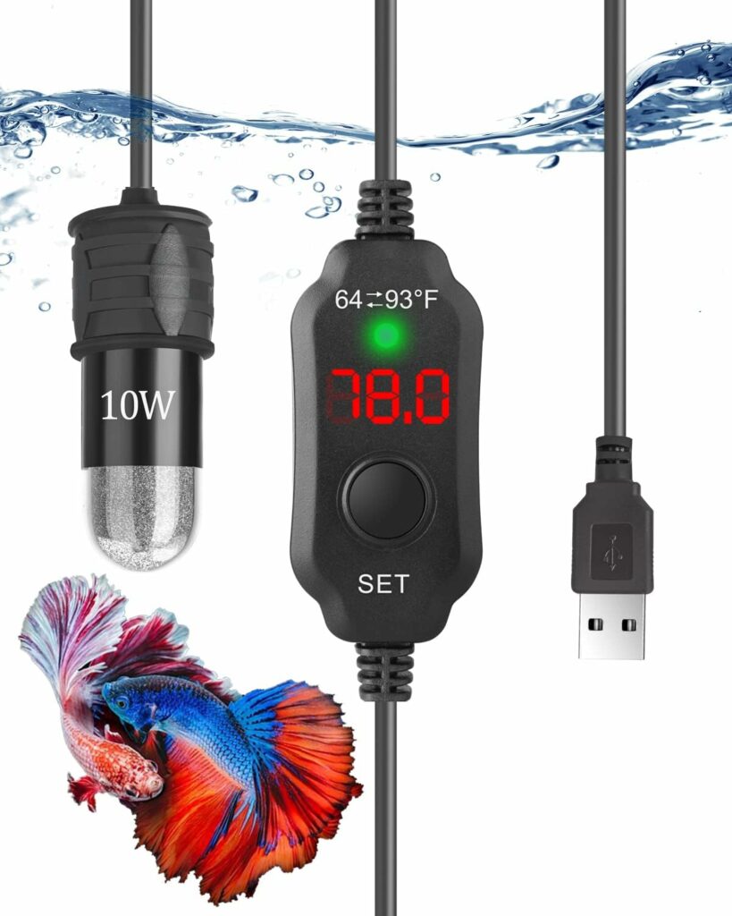 Kulife 5V/2A USB Powered 10W Super Mini Fish Tank Heater Adjustable Submersible Aquarium Heater Betta Heater Turtle Heater with LED Display Thermostat - for up to 1 Gallon Tanks
